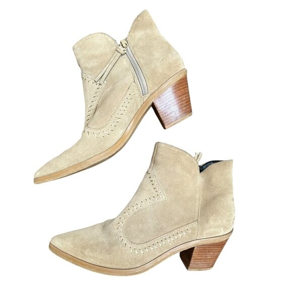 Rebecca Minkoff Tan Suede Heeled Western Ankle Boots Side Zip Boho Neutral 8.5 - Picture 2 of 11
